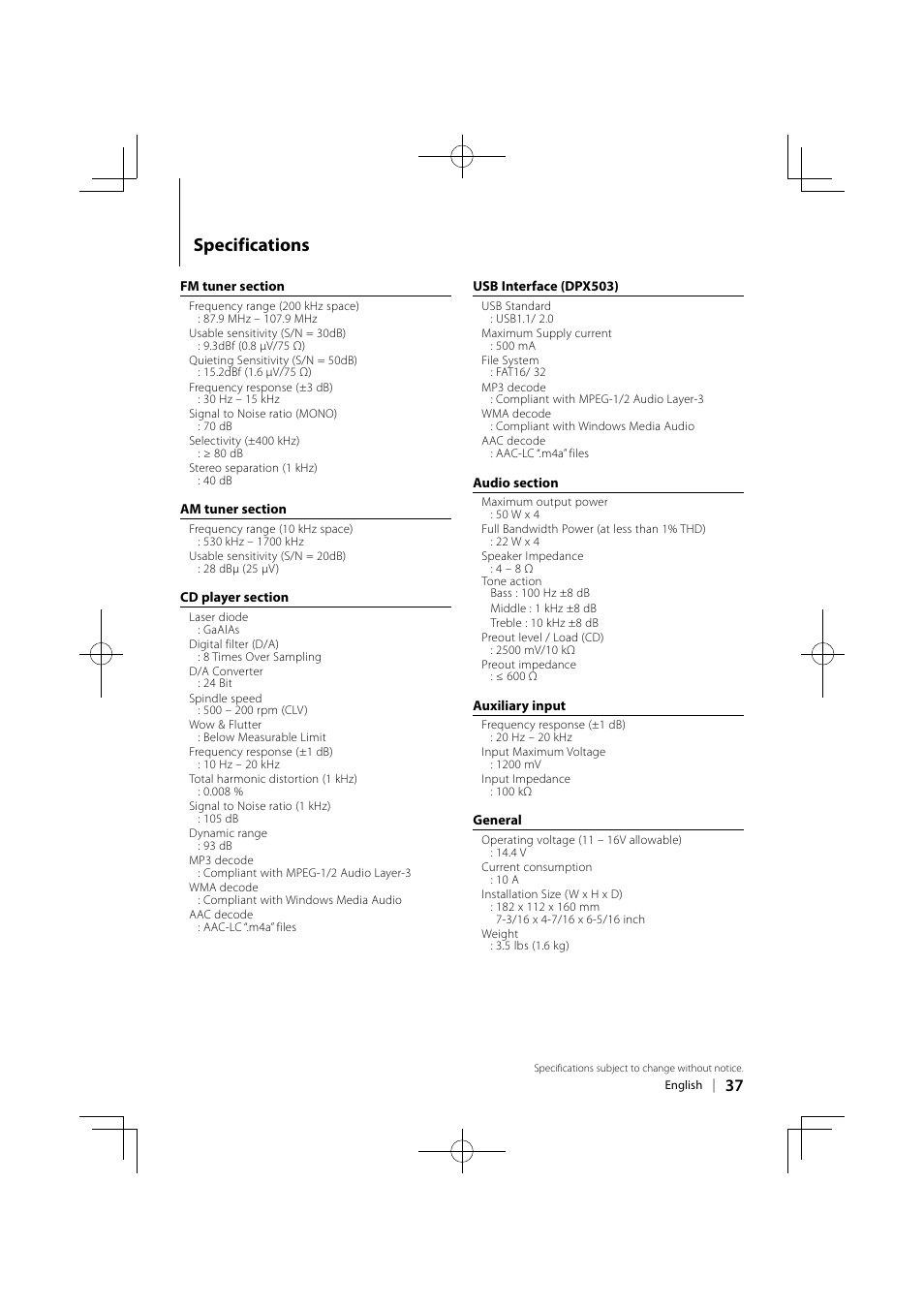 Specifications | Kenwood DPX503 User Manual | Page 37 / 112