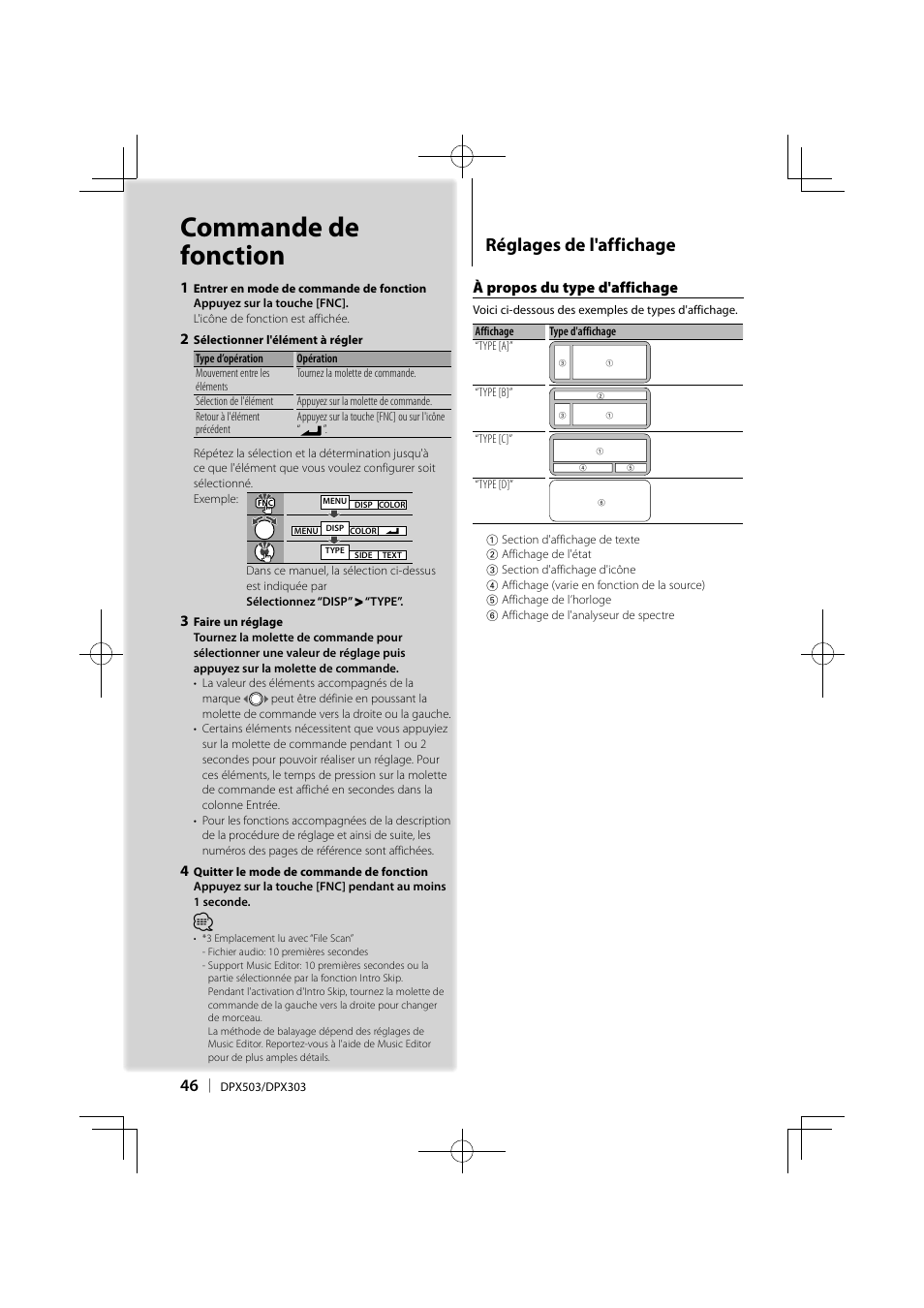 Commande de fonction, Réglages de l'affichage, À propos du type d'affichage | Kenwood DPX503 User Manual | Page 46 / 112