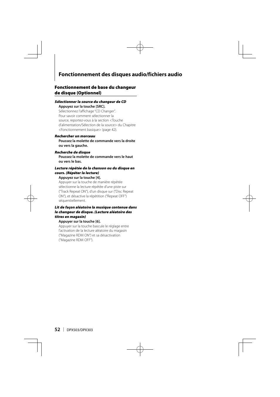 Fonctionnement des disques audio/fichiers audio | Kenwood DPX503 User Manual | Page 52 / 112