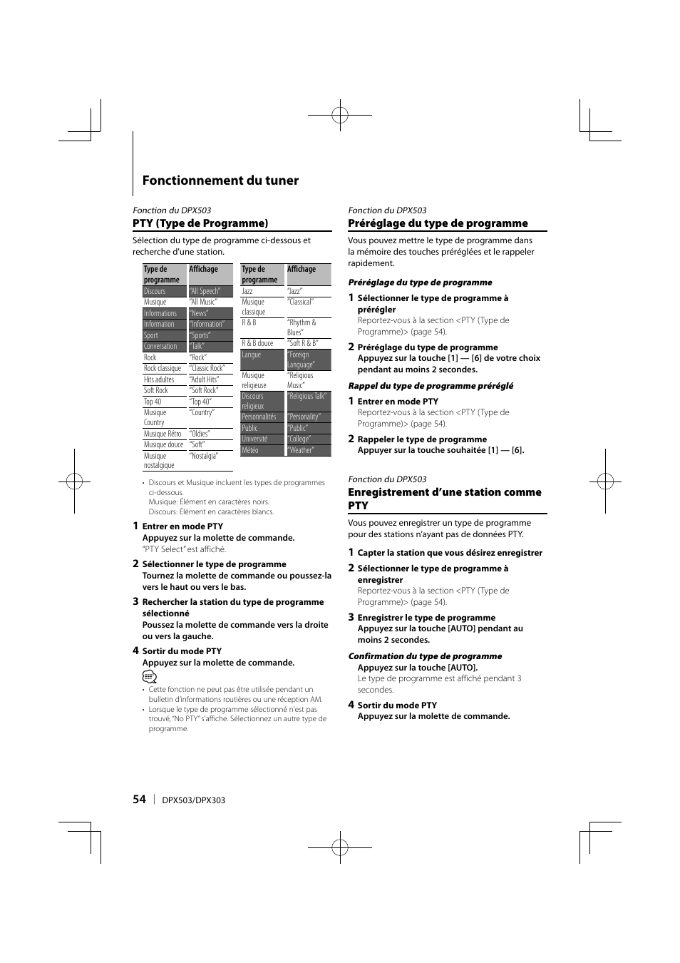 Fonctionnement du tuner | Kenwood DPX503 User Manual | Page 54 / 112