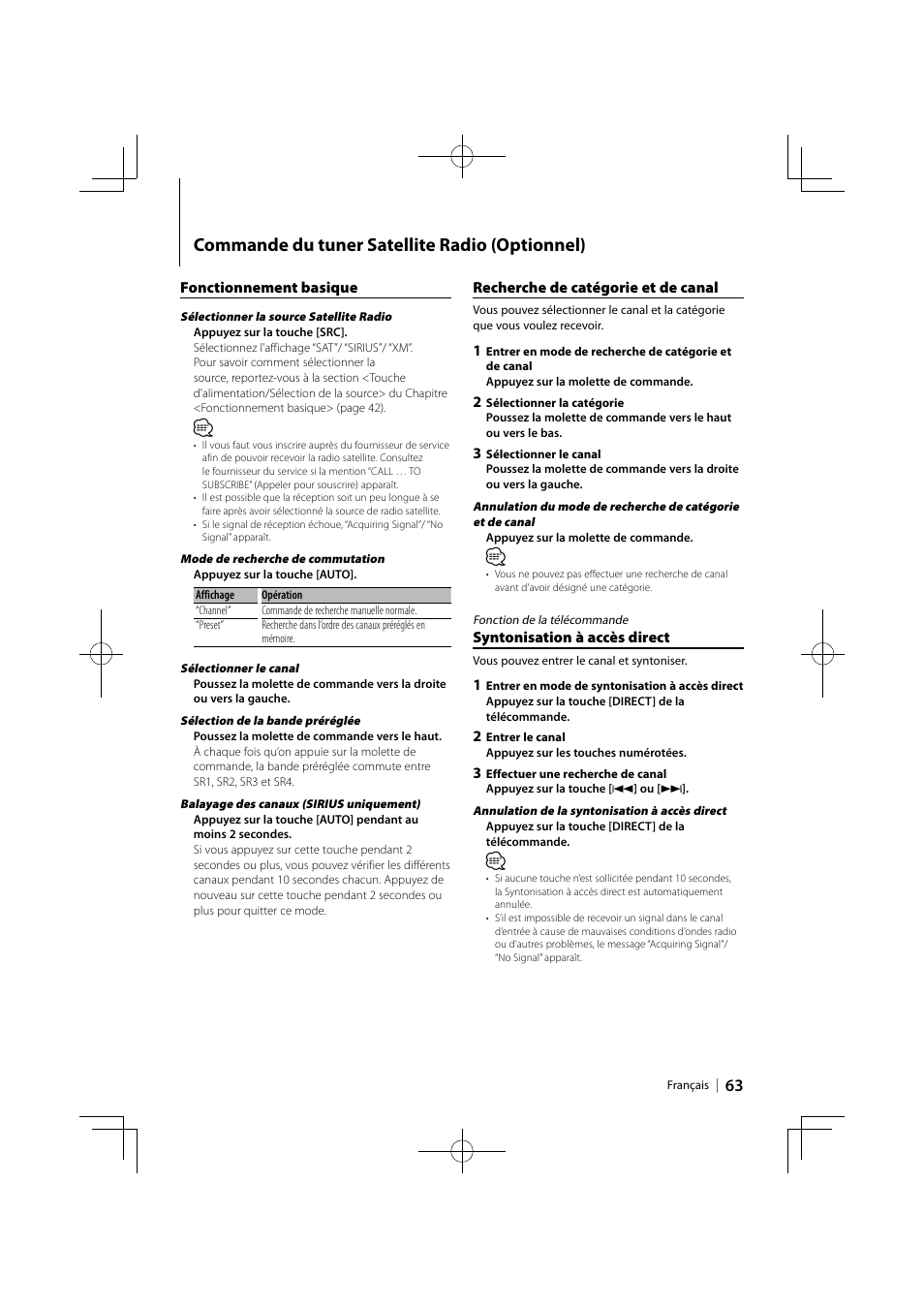 Commande du tuner satellite radio (optionnel) | Kenwood DPX503 User Manual | Page 63 / 112