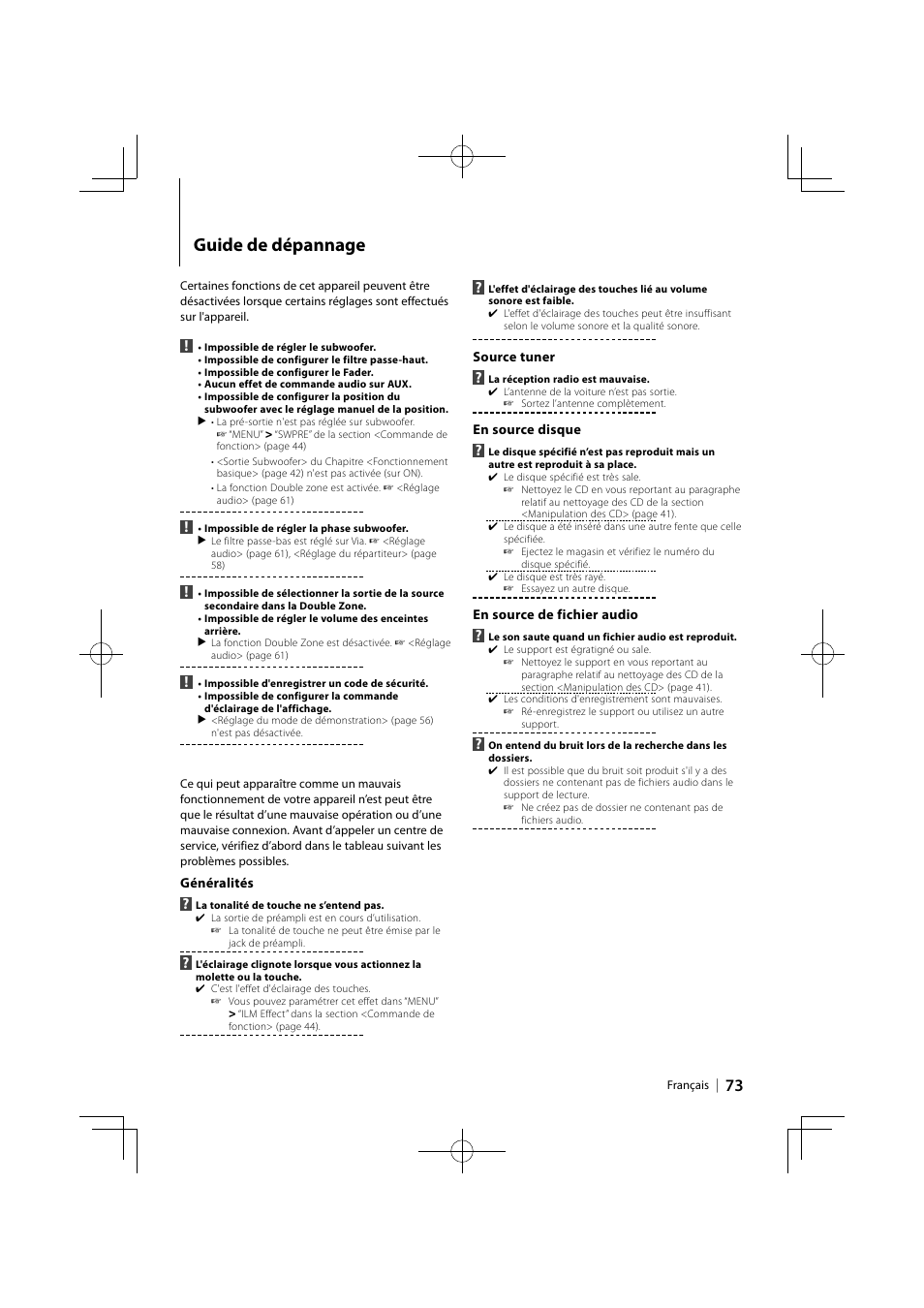 Guide de dépannage | Kenwood DPX503 User Manual | Page 73 / 112