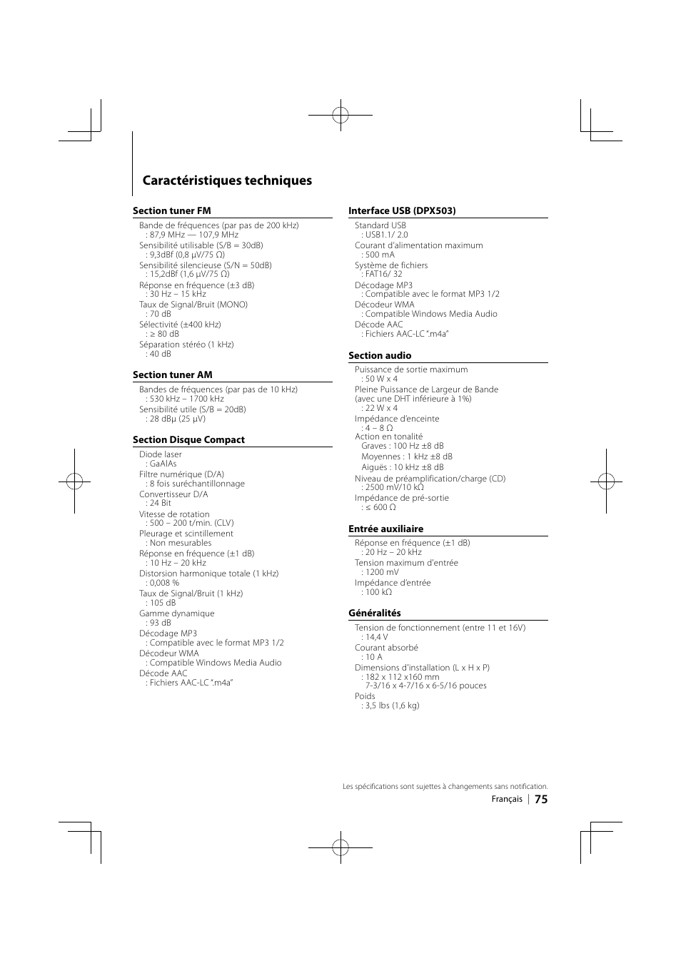 Caractéristiques techniques | Kenwood DPX503 User Manual | Page 75 / 112