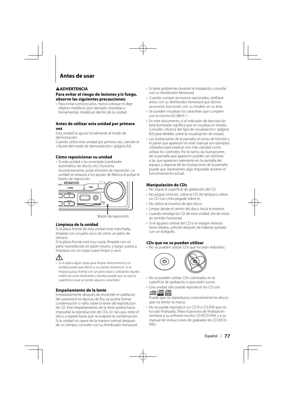 Antes de usar | Kenwood DPX503 User Manual | Page 77 / 112