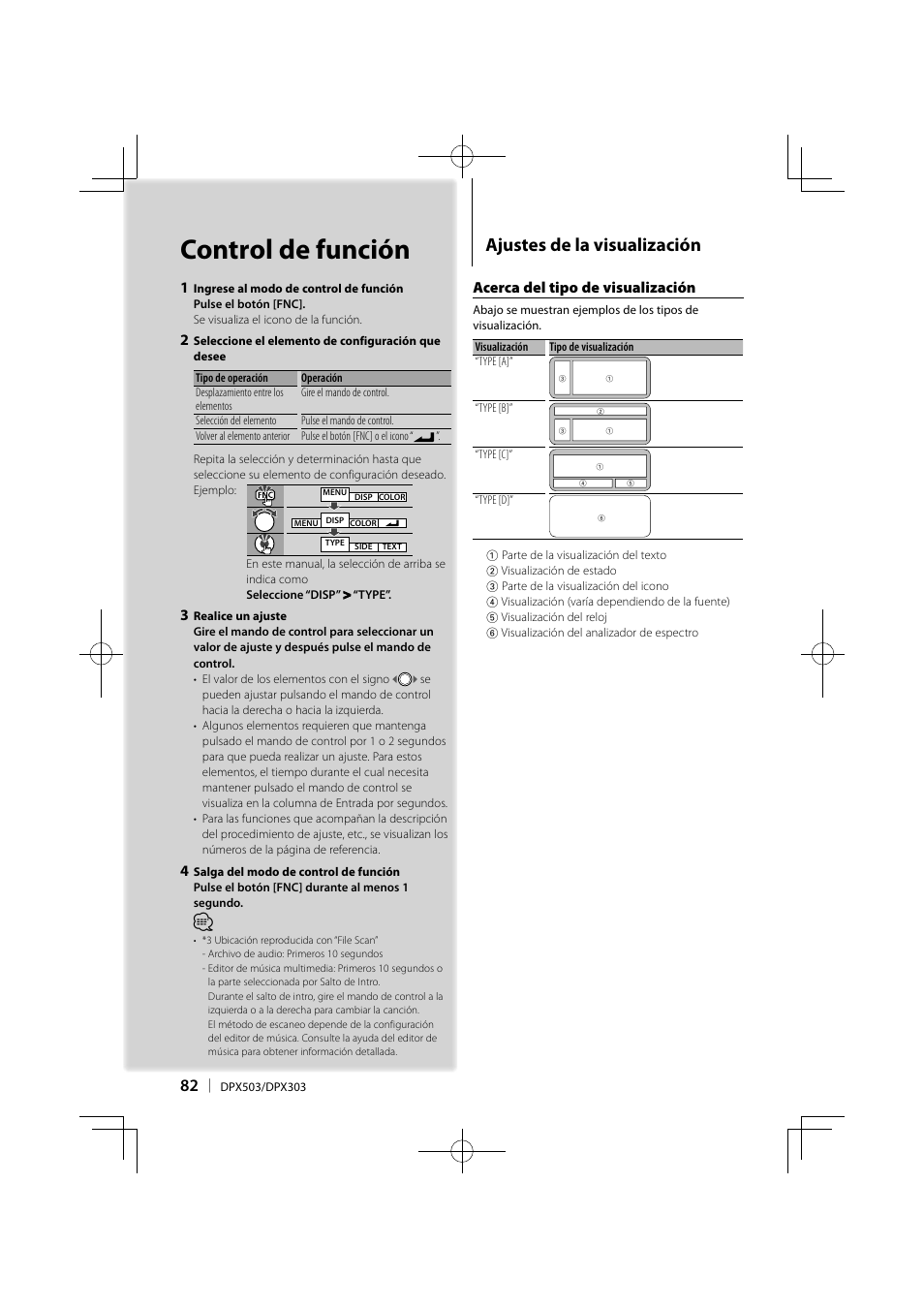 Control de función, Ajustes de la visualización, Acerca del tipo de visualización | Kenwood DPX503 User Manual | Page 82 / 112