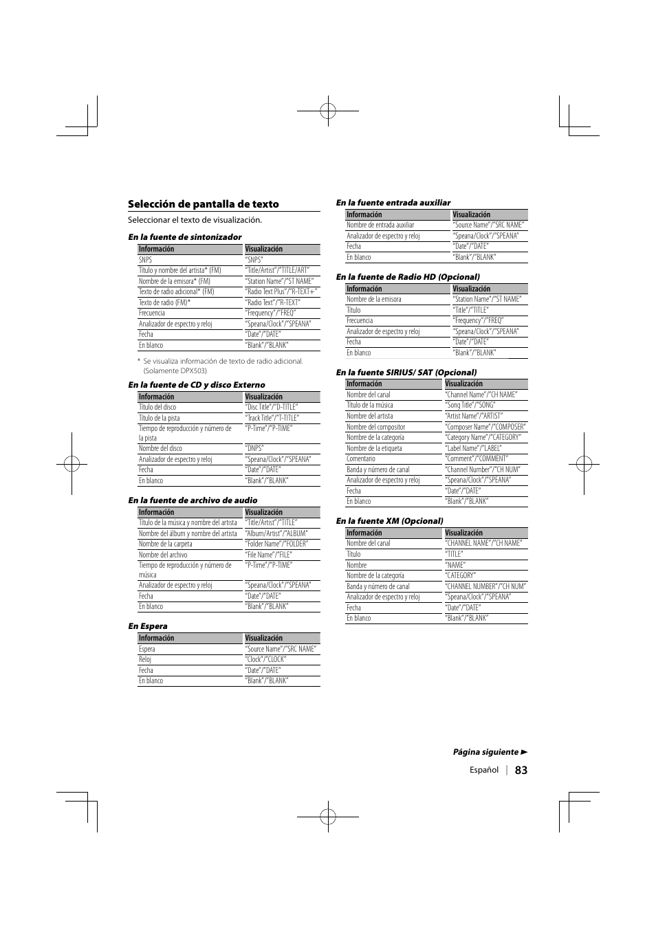 Selección de pantalla de texto | Kenwood DPX503 User Manual | Page 83 / 112