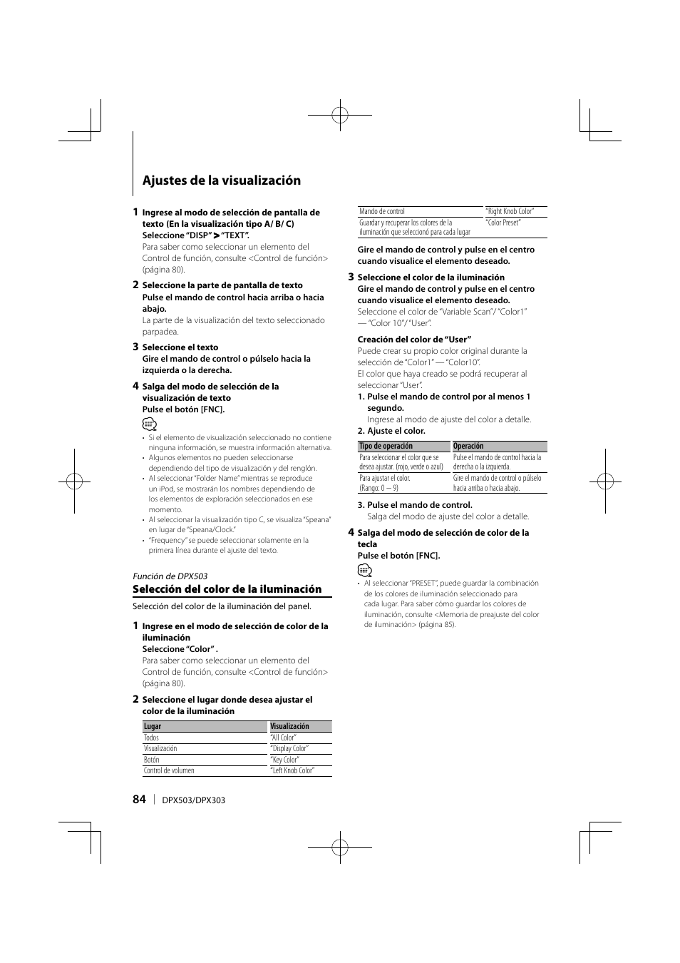 Ajustes de la visualización | Kenwood DPX503 User Manual | Page 84 / 112