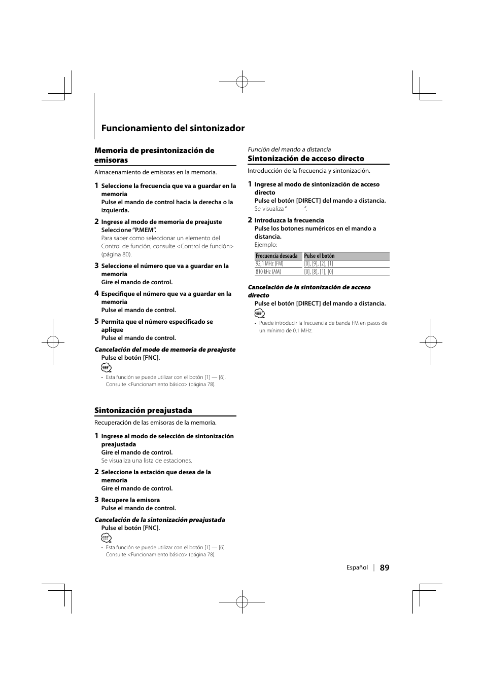 Funcionamiento del sintonizador | Kenwood DPX503 User Manual | Page 89 / 112