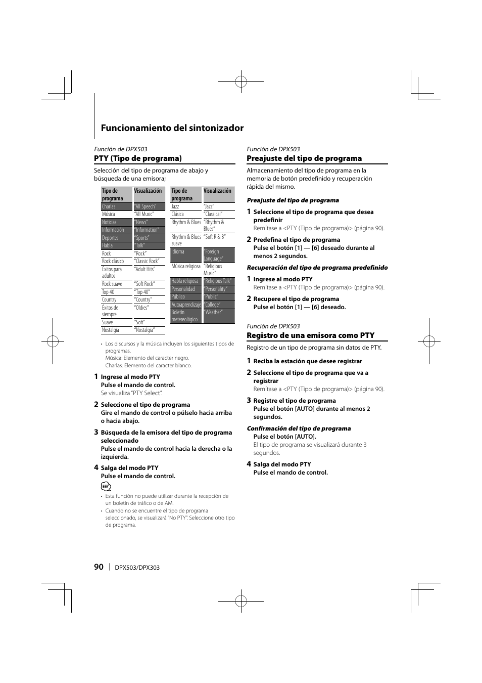 Funcionamiento del sintonizador | Kenwood DPX503 User Manual | Page 90 / 112