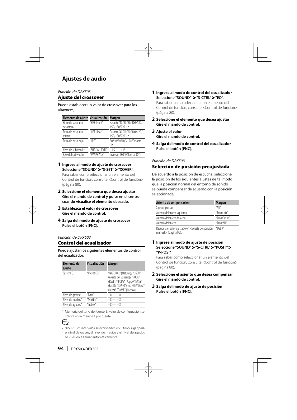 Ajustes de audio | Kenwood DPX503 User Manual | Page 94 / 112