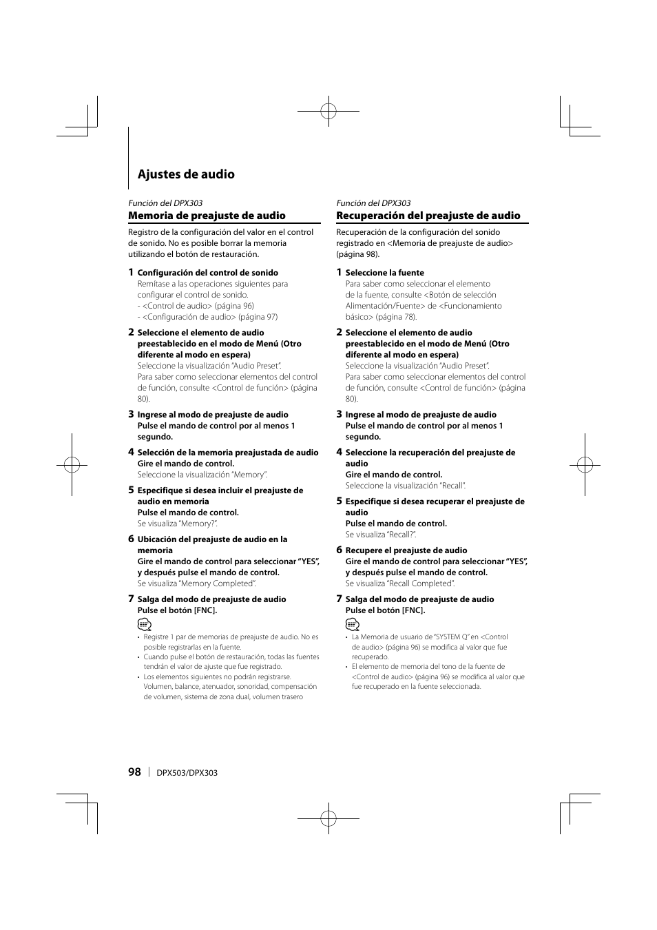 Ajustes de audio | Kenwood DPX503 User Manual | Page 98 / 112