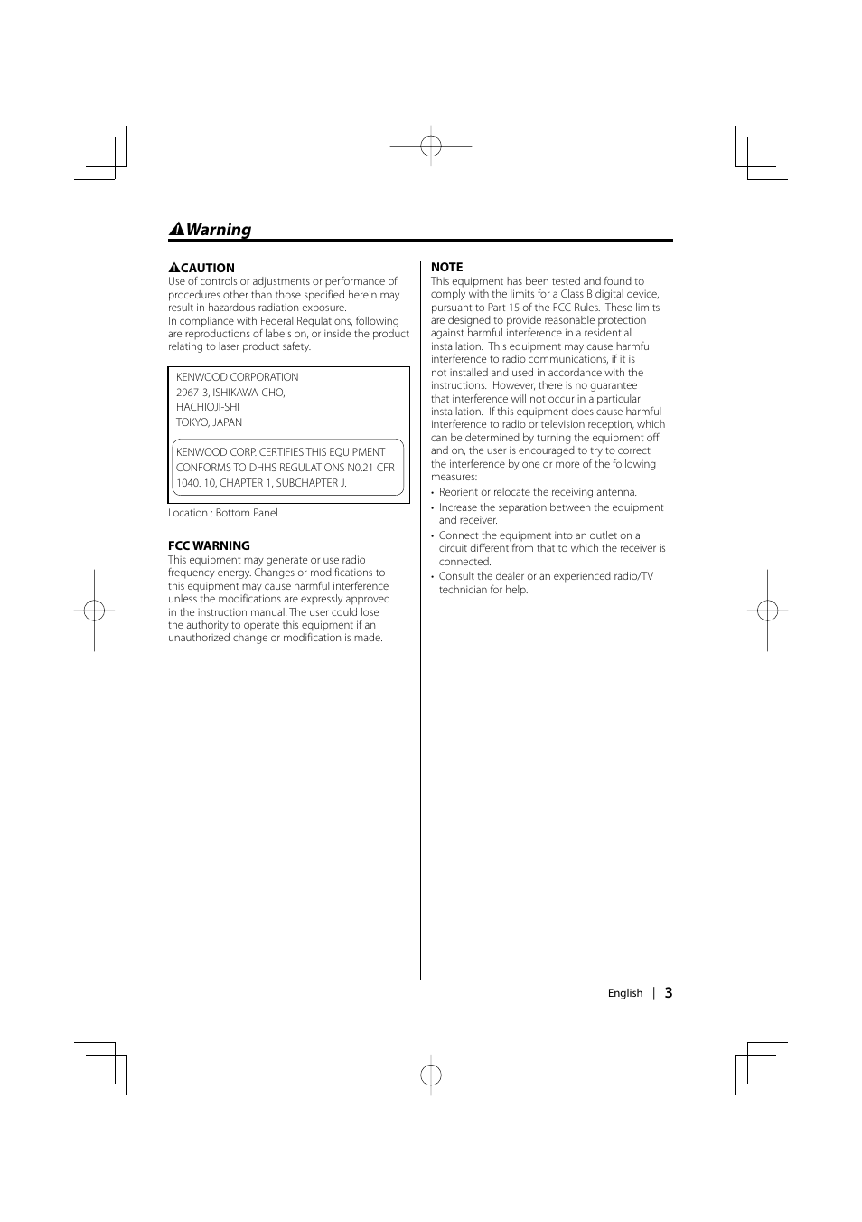 Warning, 2 warning | Kenwood KDC-3025 User Manual | Page 3 / 88