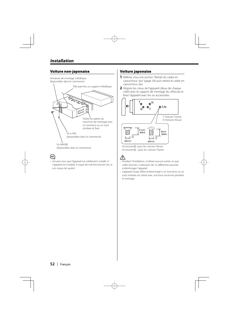 Installation, Voiture non-japonaise voiture japonaise 1 | Kenwood KDC-3025 User Manual | Page 52 / 88