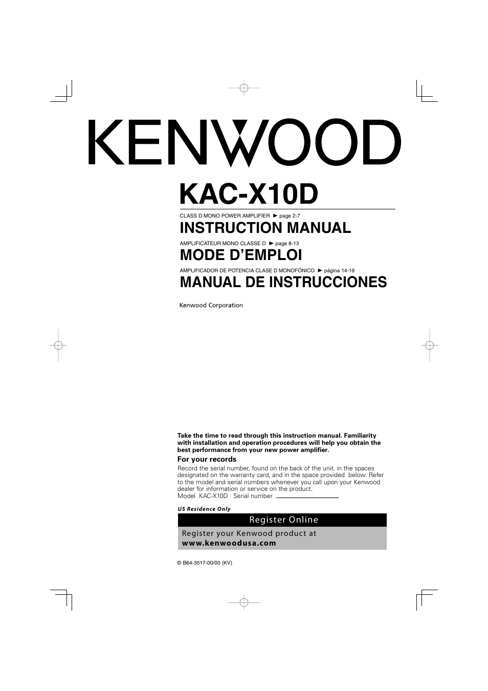 Kenwood eXcelon KAC-X10D User Manual | 20 pages