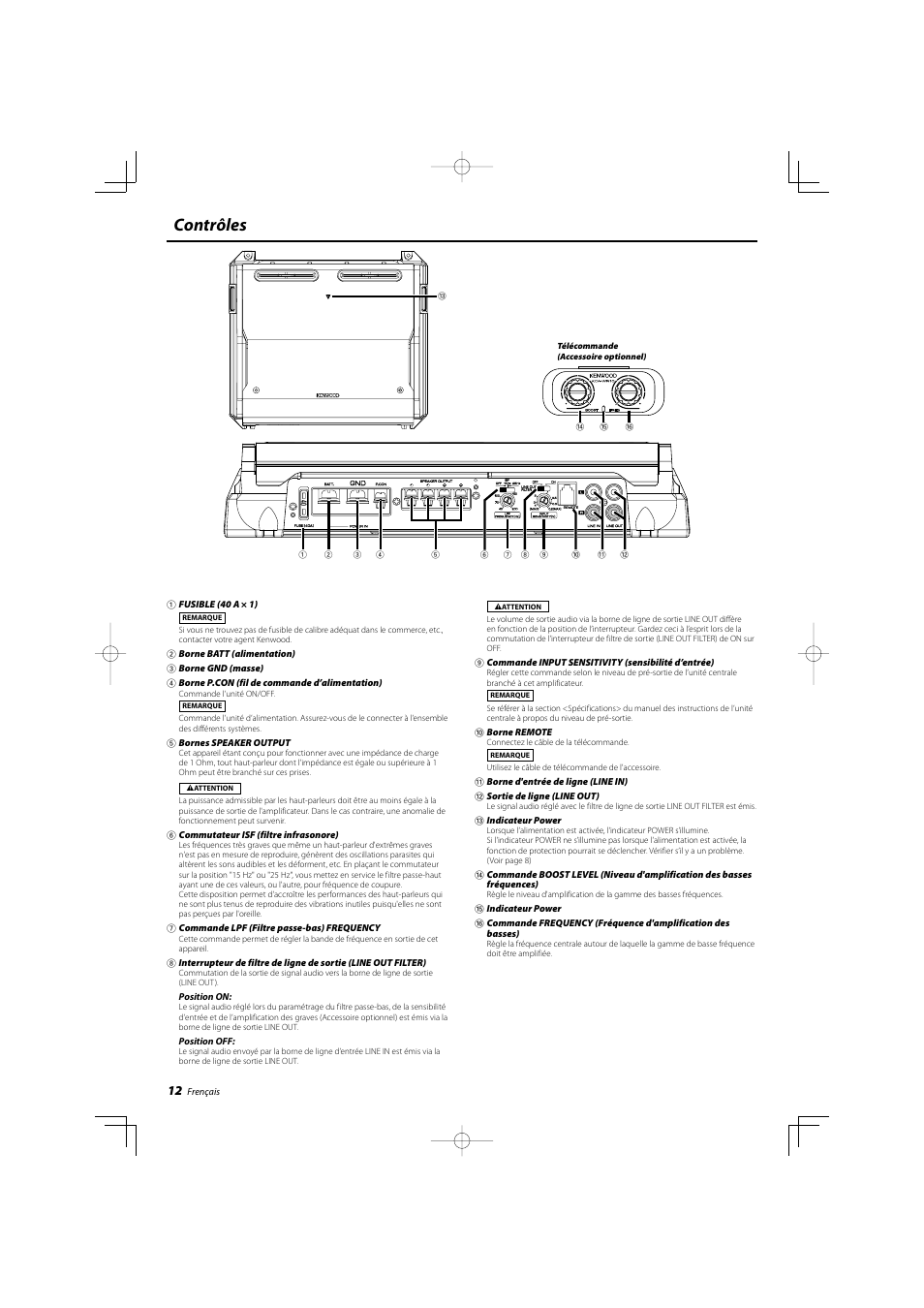 Contrôles | Kenwood eXcelon KAC-X10D User Manual | Page 12 / 20