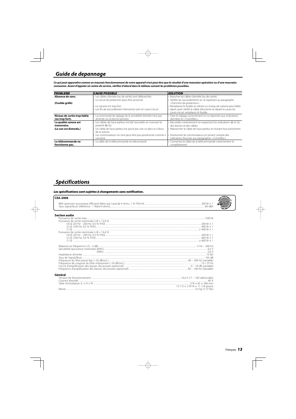 Guide de depannage spécifications | Kenwood eXcelon KAC-X10D User Manual | Page 13 / 20