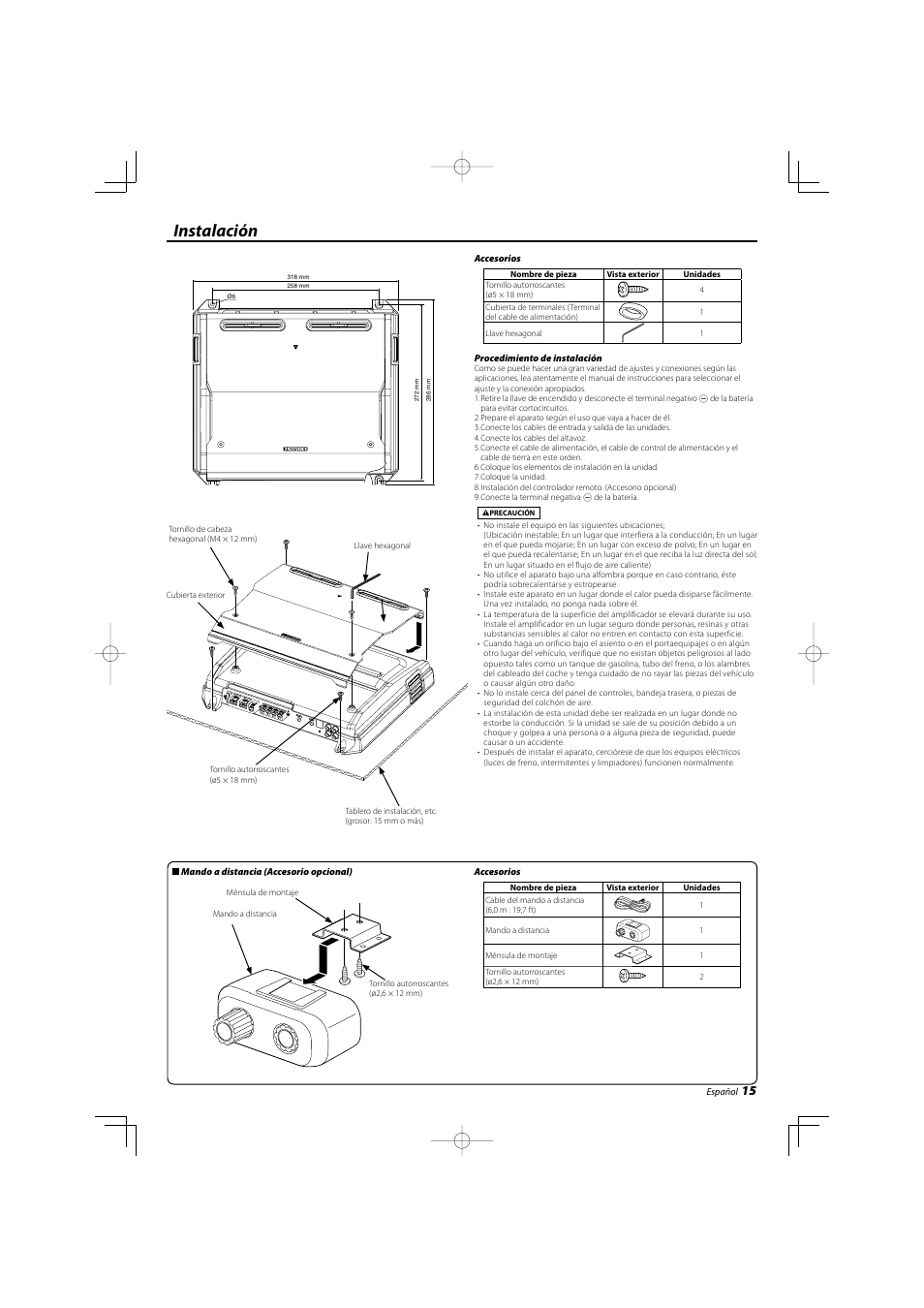 Instalación | Kenwood eXcelon KAC-X10D User Manual | Page 15 / 20