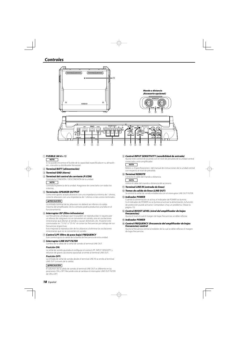 Controles | Kenwood eXcelon KAC-X10D User Manual | Page 18 / 20