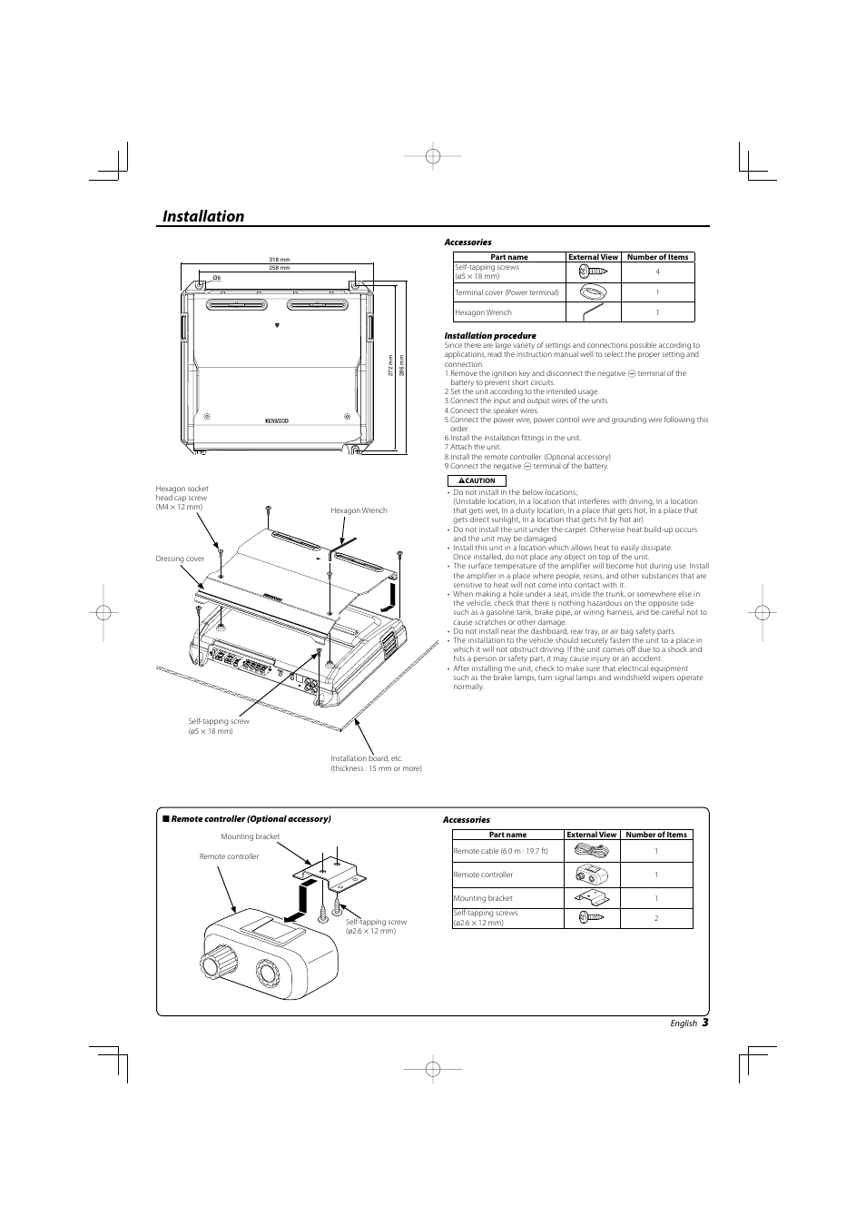 Installation | Kenwood eXcelon KAC-X10D User Manual | Page 3 / 20