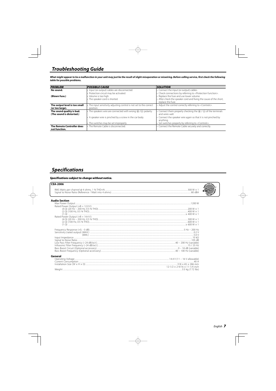 Troubleshooting guide specifications | Kenwood eXcelon KAC-X10D User Manual | Page 7 / 20