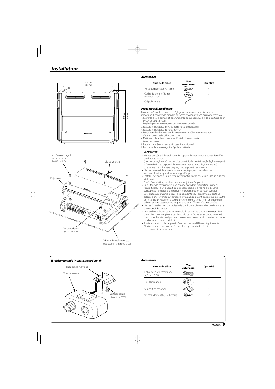 Installation | Kenwood eXcelon KAC-X10D User Manual | Page 9 / 20