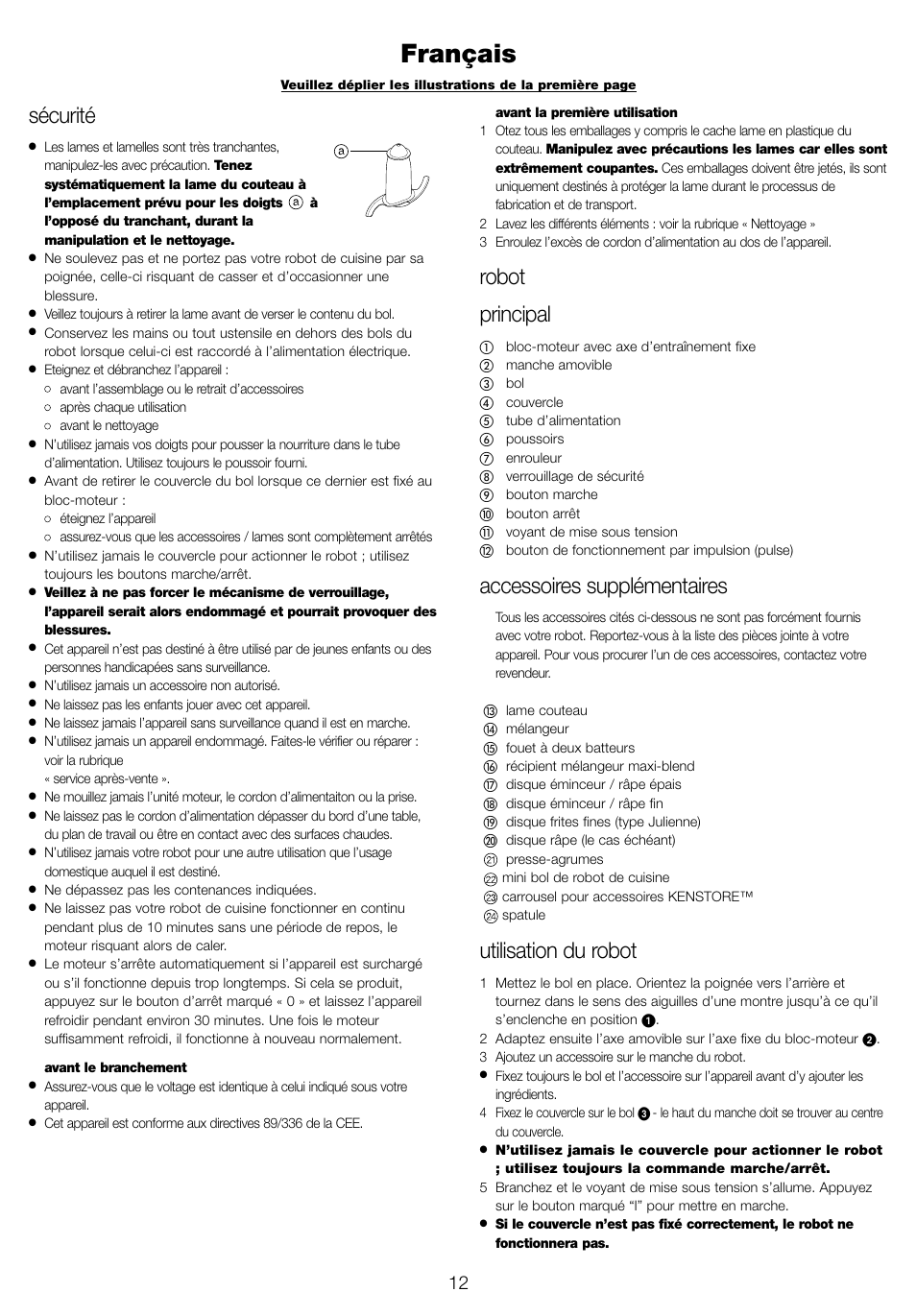 Français, Sécurité, Robot principal | Accessoires supplémentaires, Utilisation du robot | Kenwood FP940 series User Manual | Page 14 / 49