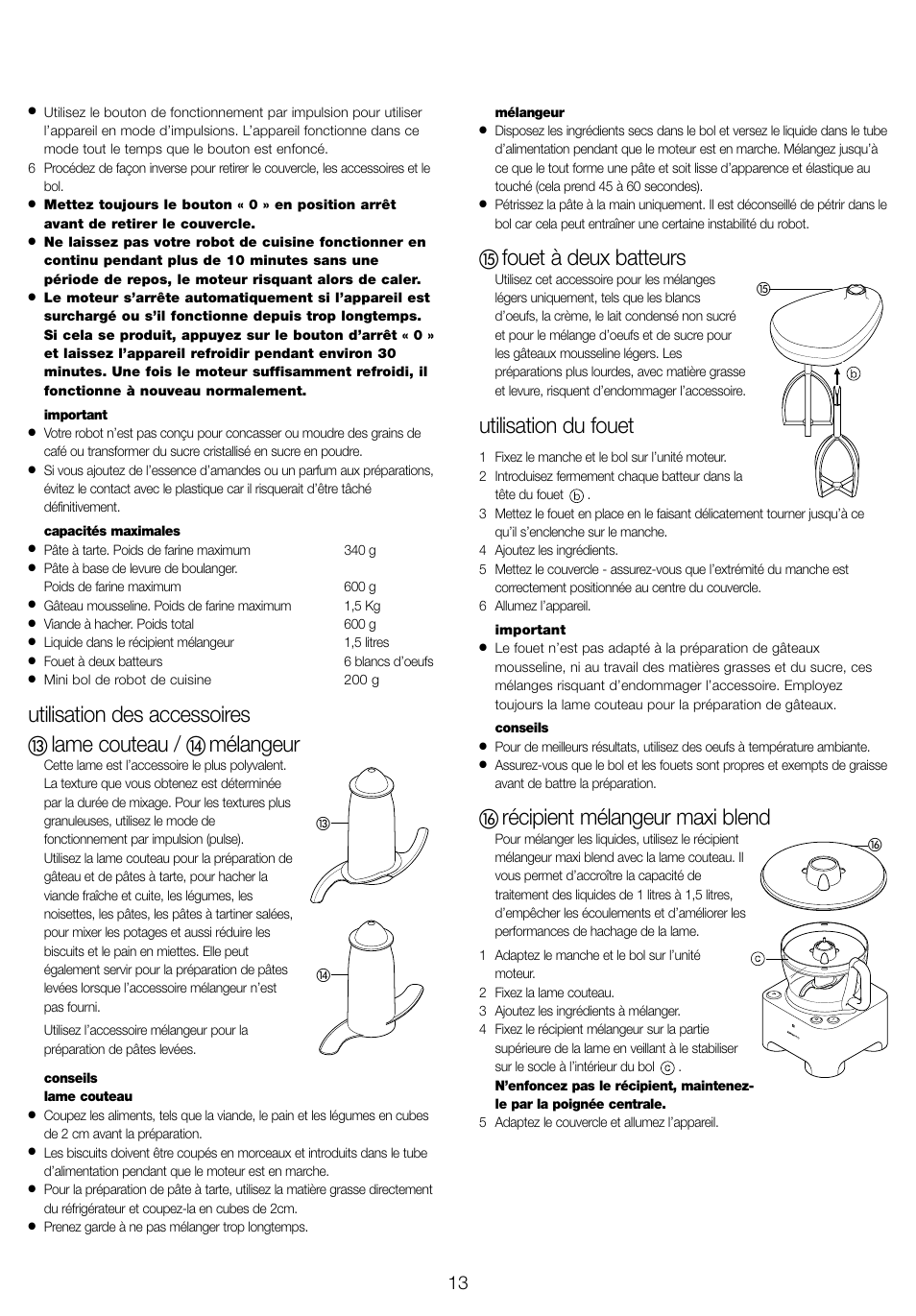 Utilisation des accessoires, Lame couteau, Mélangeur | Fouet à deux batteurs, Utilisation du fouet, Récipient mélangeur maxi blend | Kenwood FP940 series User Manual | Page 15 / 49