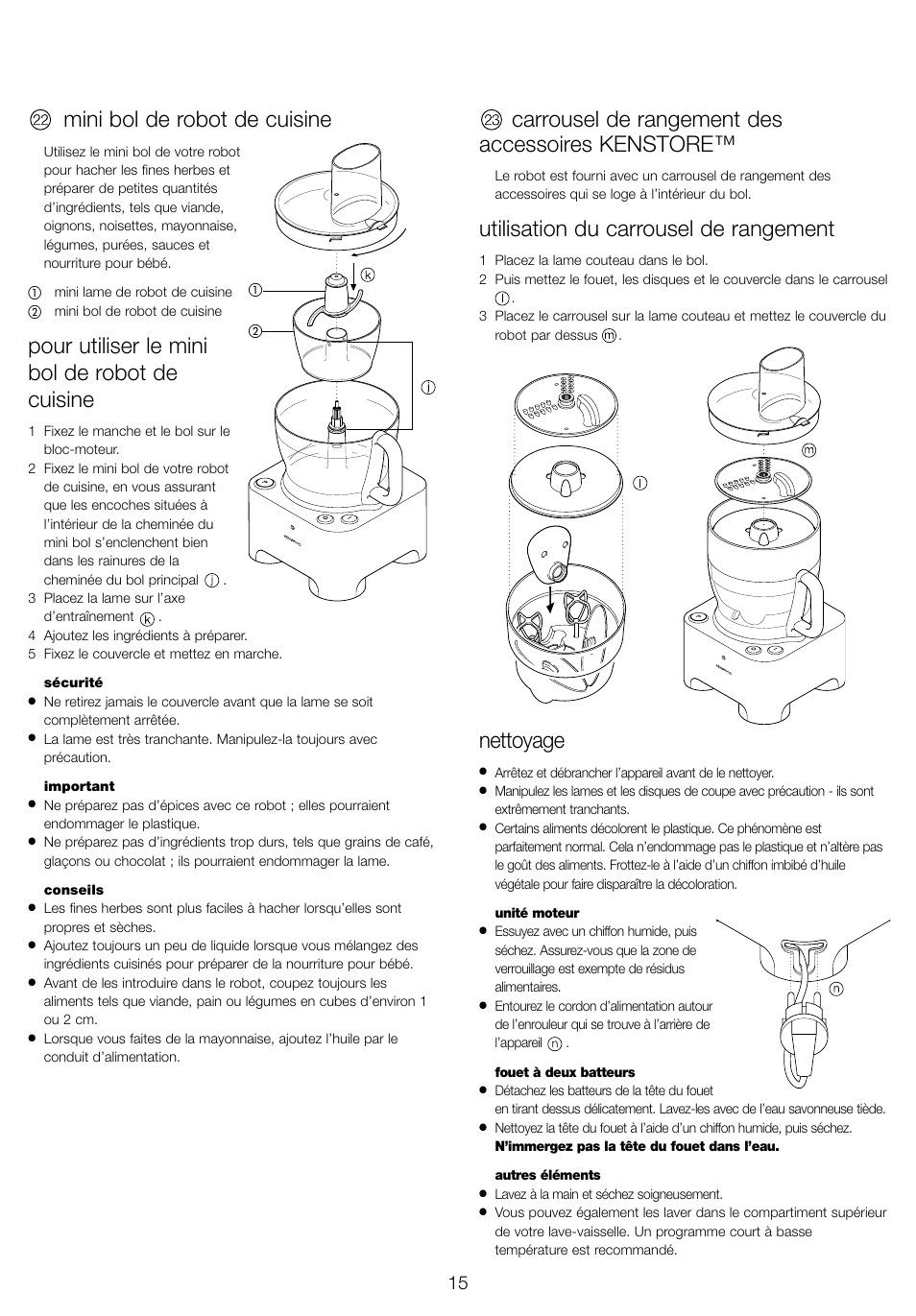 Mini bol de robot de cuisine, Pour utiliser le mini bol de robot de cuisine, Carrousel de rangement des accessoires kenstore | Utilisation du carrousel de rangement, Nettoyage | Kenwood FP940 series User Manual | Page 17 / 49