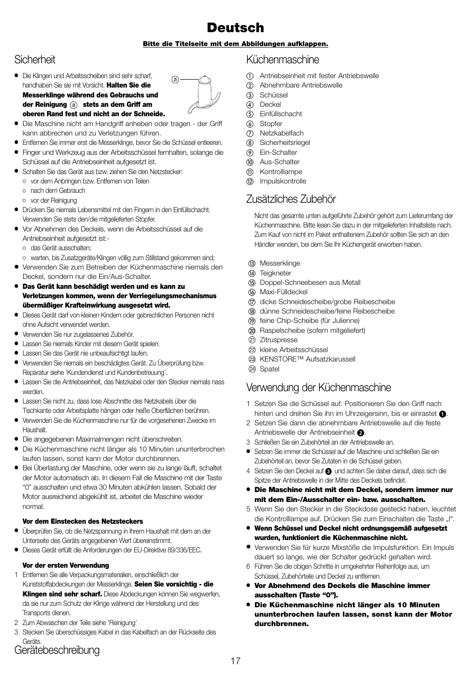 Deutsch, Sicherheit, Gerätebeschreibung küchenmaschine | Zusätzliches zubehör, Verwendung der küchenmaschine | Kenwood FP940 series User Manual | Page 19 / 49