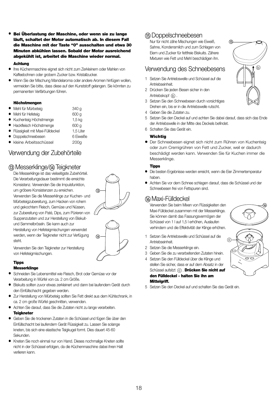 Verwendung der zubehörteile, Messerklinge, Teigkneter | Doppelschneebesen, Verwendung des schneebesens, Maxi-fülldeckel | Kenwood FP940 series User Manual | Page 20 / 49