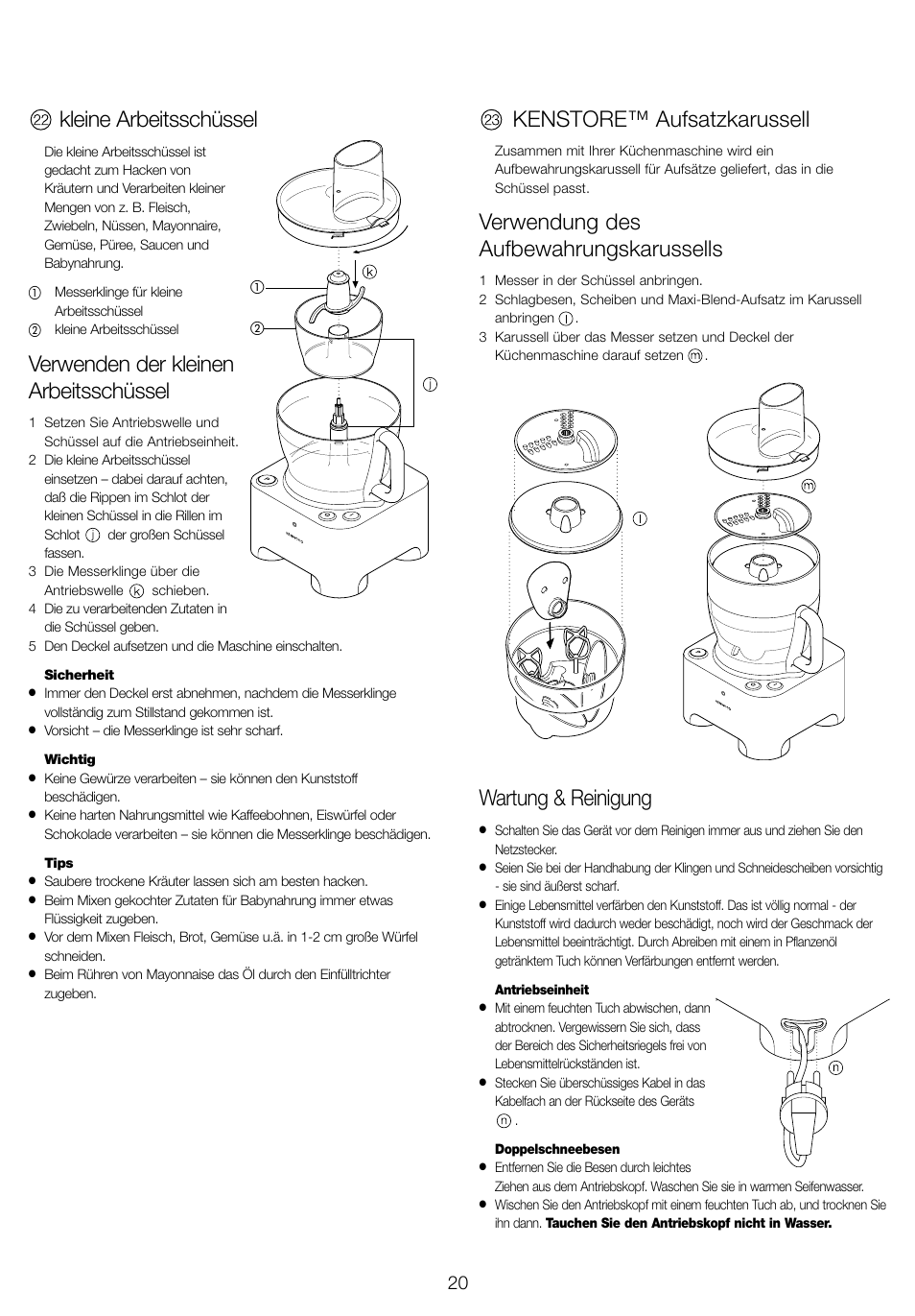 Kleine arbeitsschüssel, Verwenden der kleinen arbeitsschüssel, Kenstore™ aufsatzkarussell | Verwendung des aufbewahrungskarussells, Wartung & reinigung | Kenwood FP940 series User Manual | Page 22 / 49