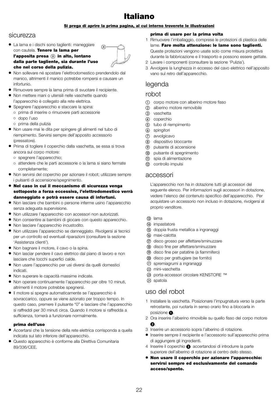 Italiano, Sicurezza, Legenda robot | Accessori, Uso del robot | Kenwood FP940 series User Manual | Page 24 / 49