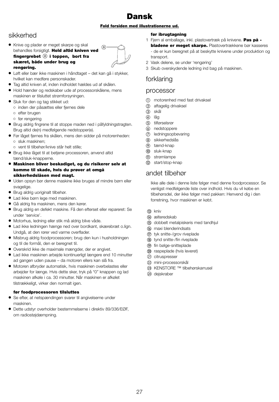 Dansk, Sikkerhed, Forklaring processor | Andet tilbehør | Kenwood FP940 series User Manual | Page 29 / 49