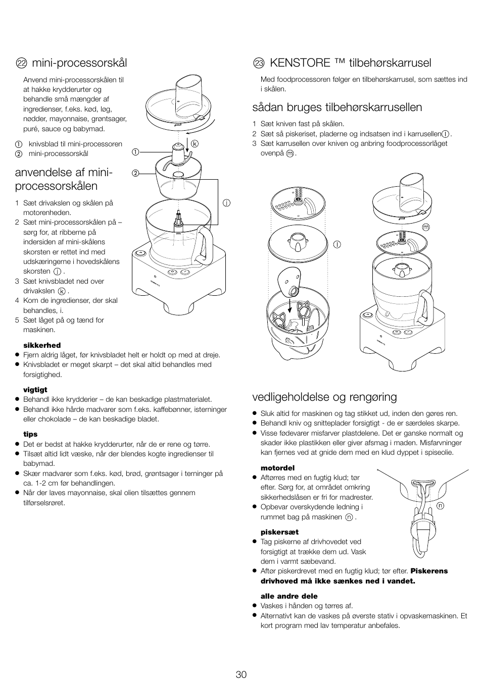 Mini-processorskål, Anvendelse af mini- processorskålen, Kenstore ™ tilbehørskarrusel | Sådan bruges tilbehørskarrusellen, Vedligeholdelse og rengøring | Kenwood FP940 series User Manual | Page 32 / 49