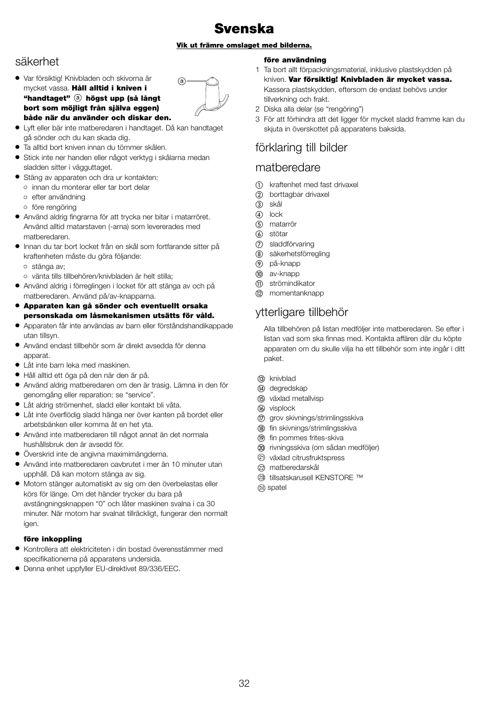 Svenska, Säkerhet, Förklaring till bilder matberedare | Ytterligare tillbehör | Kenwood FP940 series User Manual | Page 34 / 49