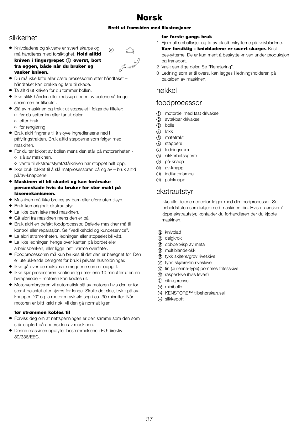 Norsk, Sikkerhet, Nøkkel foodprocessor | Ekstrautstyr | Kenwood FP940 series User Manual | Page 39 / 49