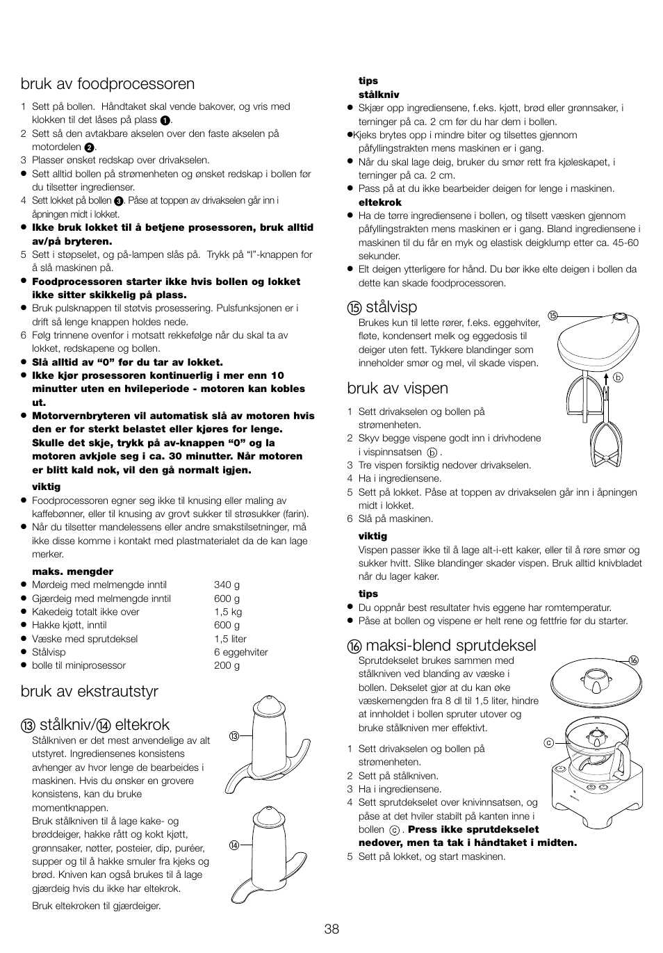 Bruk av foodprocessoren, Bruk av ekstrautstyr, Stålkniv | Eltekrok, Stålvisp, Bruk av vispen, Maksi-blend sprutdeksel | Kenwood FP940 series User Manual | Page 40 / 49