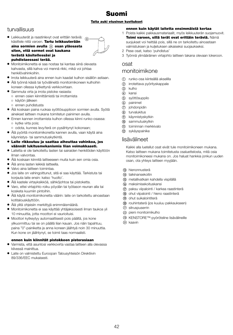 Suomi, Turvallisuus, Osat monitoimikone | Lisävälineet | Kenwood FP940 series User Manual | Page 44 / 49