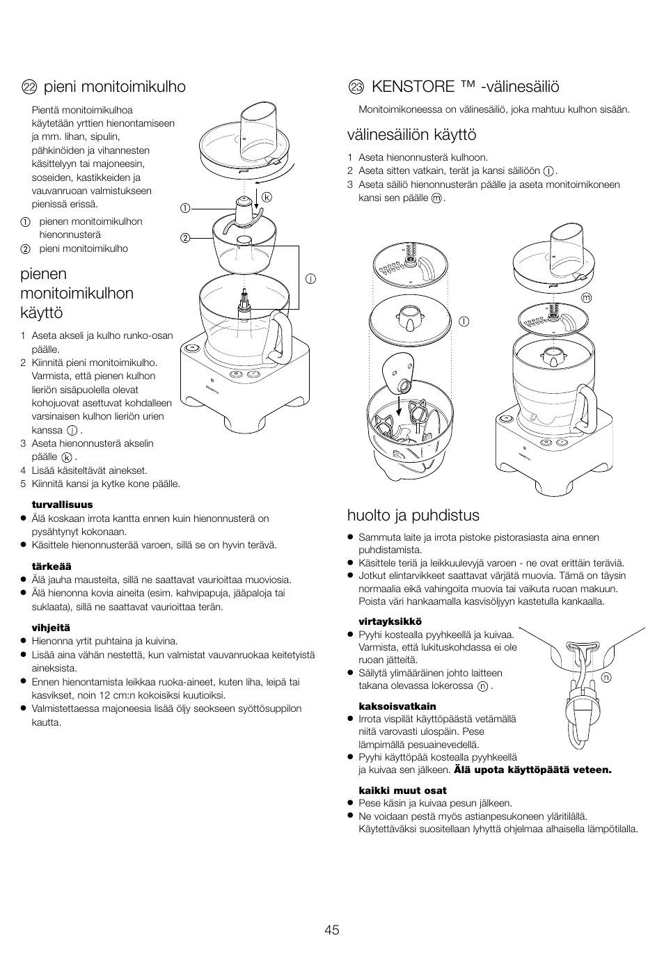 Pieni monitoimikulho, Pienen monitoimikulhon käyttö, Kenstore ™ -välinesäiliö | Välinesäiliön käyttö, Huolto ja puhdistus | Kenwood FP940 series User Manual | Page 47 / 49