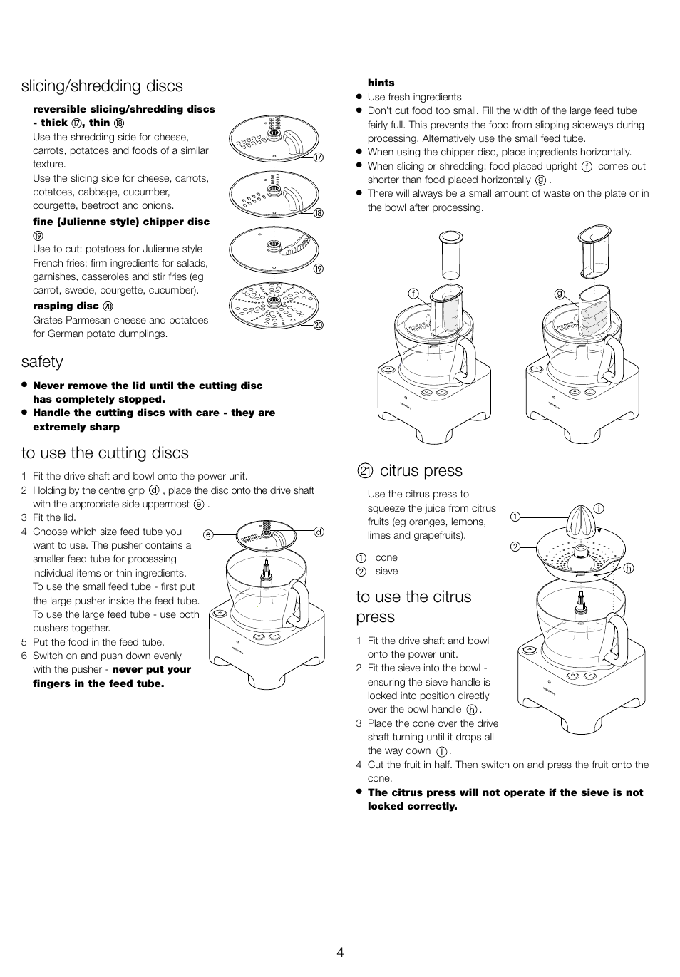 Slicing/shredding discs, Safety, Citrus press | Kenwood FP940 series User Manual | Page 6 / 49