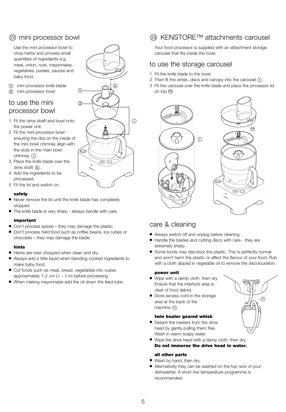 Mini processor bowl, Kenstore™ attachments carousel, Care & cleaning | Kenwood FP940 series User Manual | Page 7 / 49