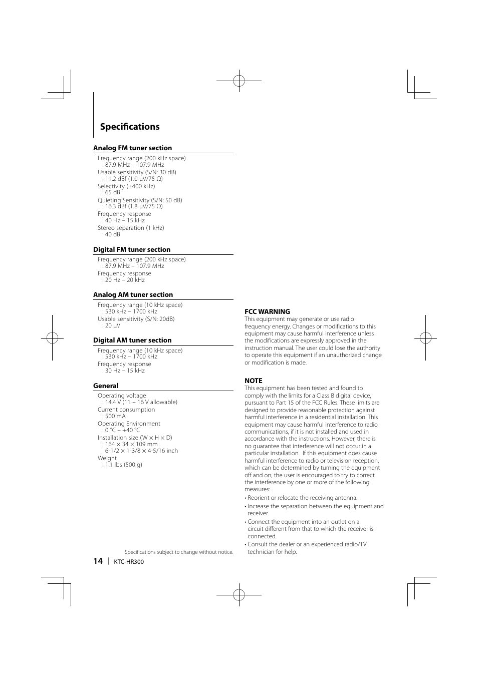 Specifi cations | Kenwood eXcelon KDC-X789 User Manual | Page 14 / 14