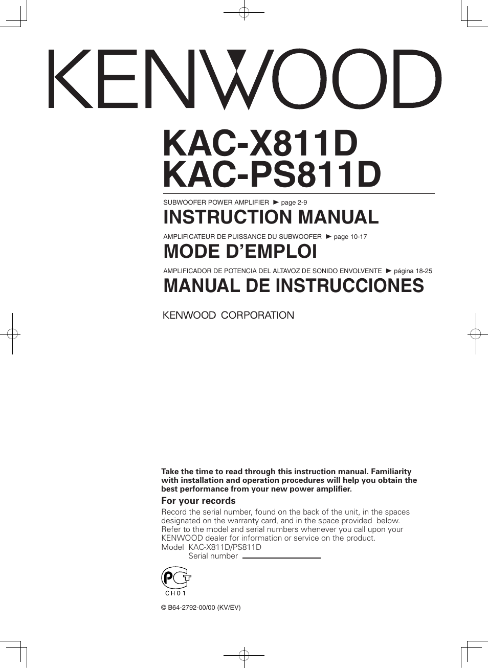Kenwood eXcelon KAC-X811D User Manual | 28 pages