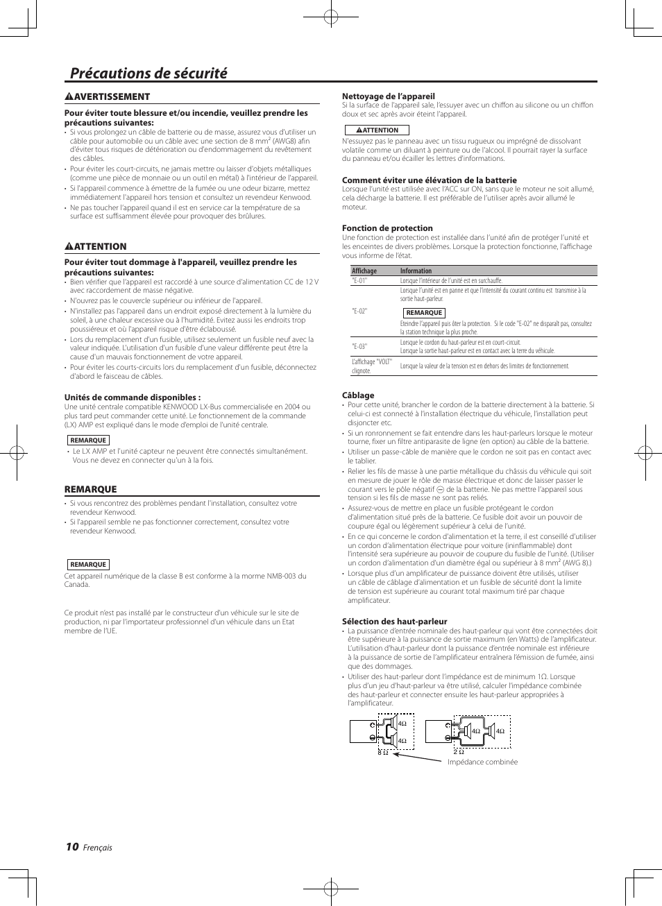 Frencais, Precautions de securite, Précautions de sécurité | Kenwood eXcelon KAC-X811D User Manual | Page 10 / 28