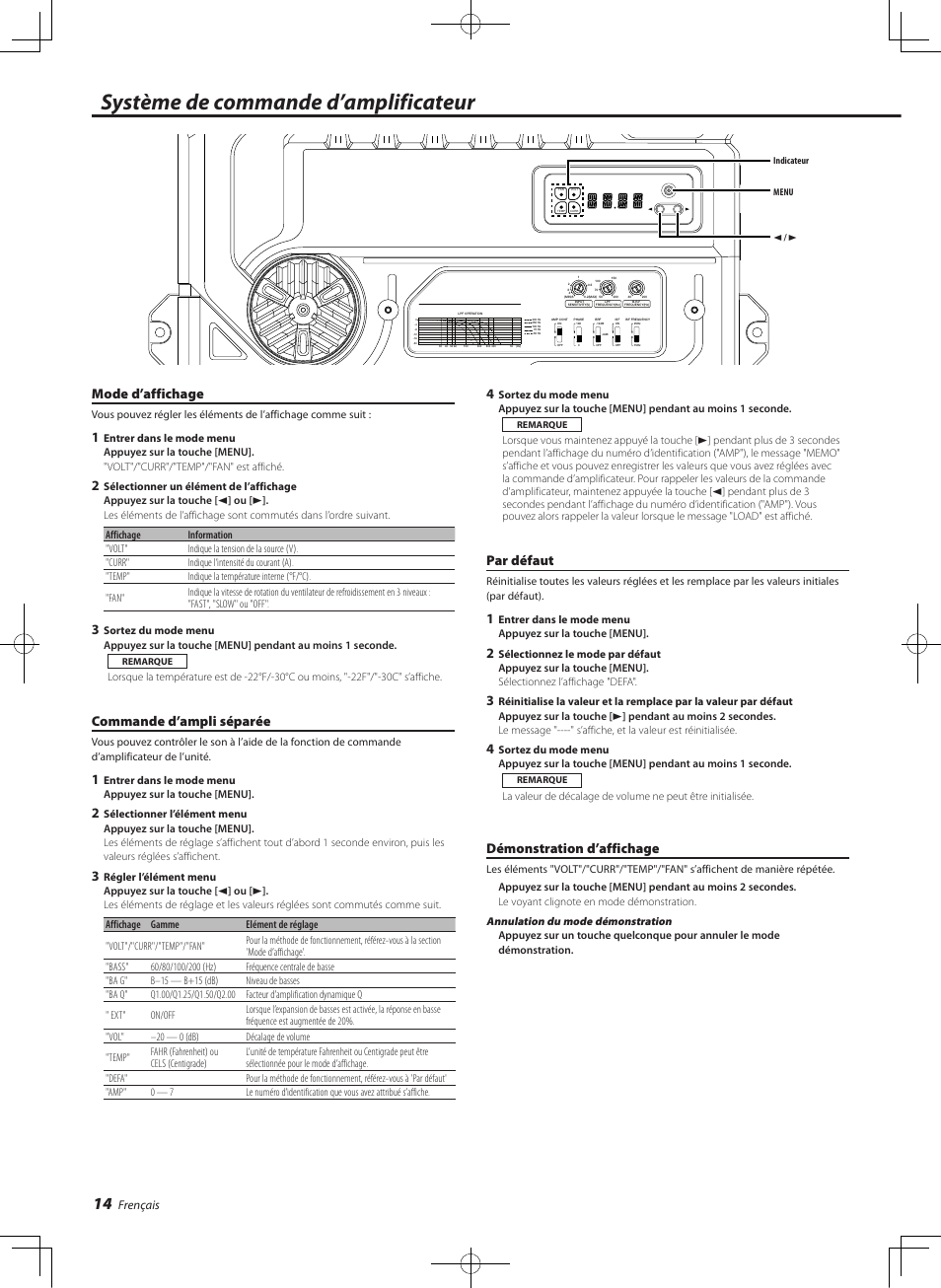 Systeme de commande d’amplificateur, Système de commande d’amplificateur, Mode d’affichage | Commande d’ampli séparée, Par défaut, Démonstration d’affichage, Frençais | Kenwood eXcelon KAC-X811D User Manual | Page 14 / 28