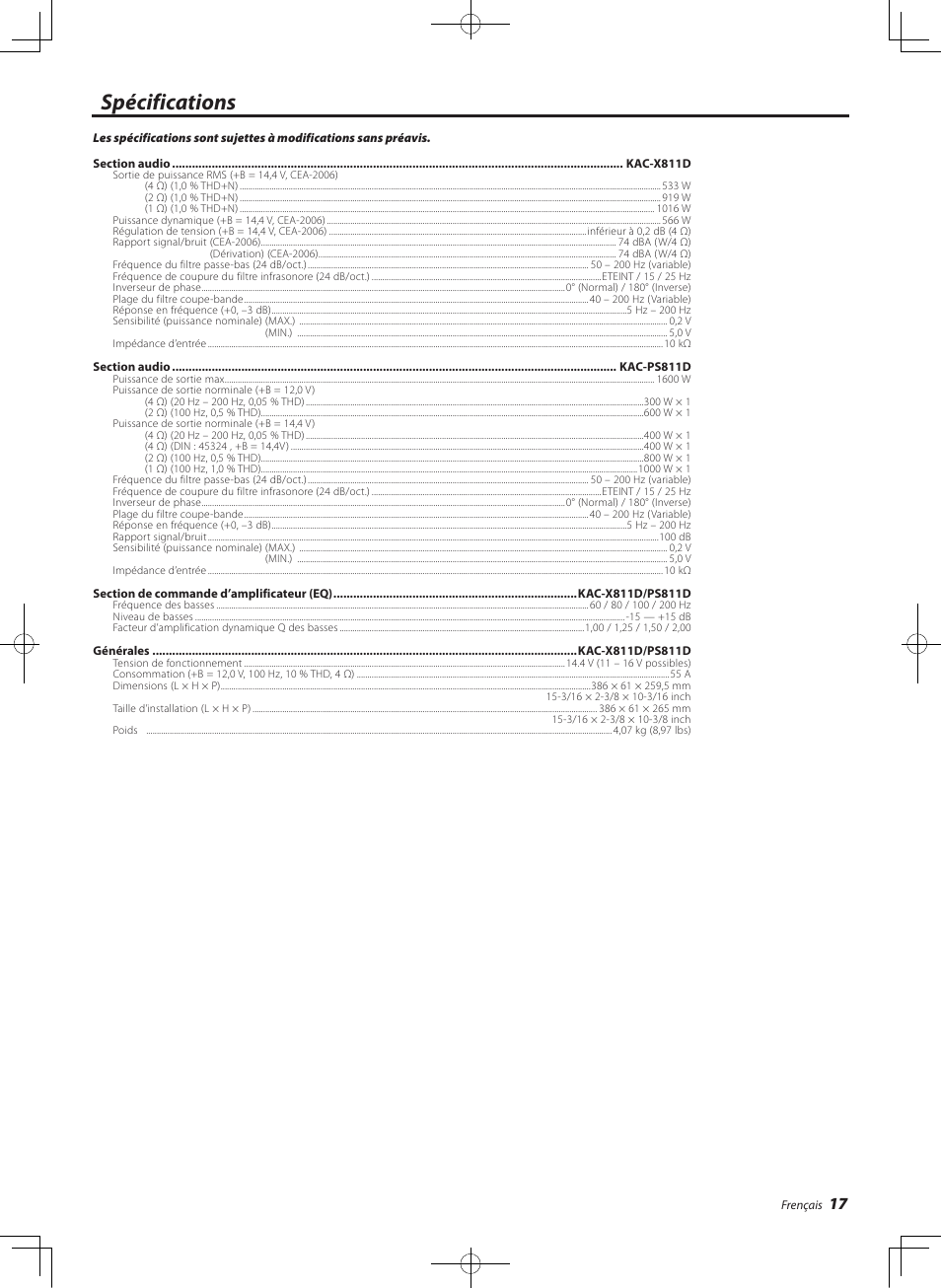 Specifications, Spécifications | Kenwood eXcelon KAC-X811D User Manual | Page 17 / 28