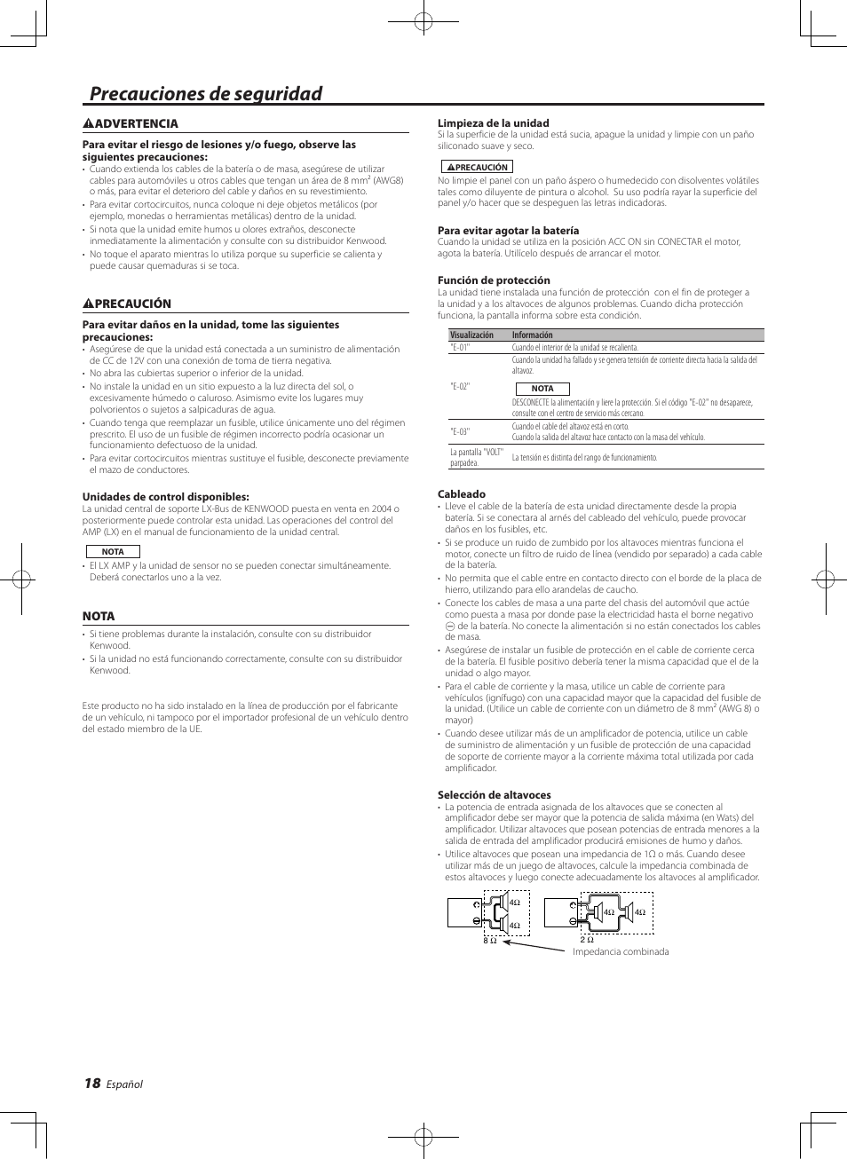 Espanol, Precauciones de seguridad | Kenwood eXcelon KAC-X811D User Manual | Page 18 / 28