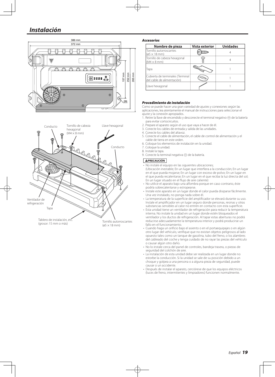 Instalacion, Instalación | Kenwood eXcelon KAC-X811D User Manual | Page 19 / 28
