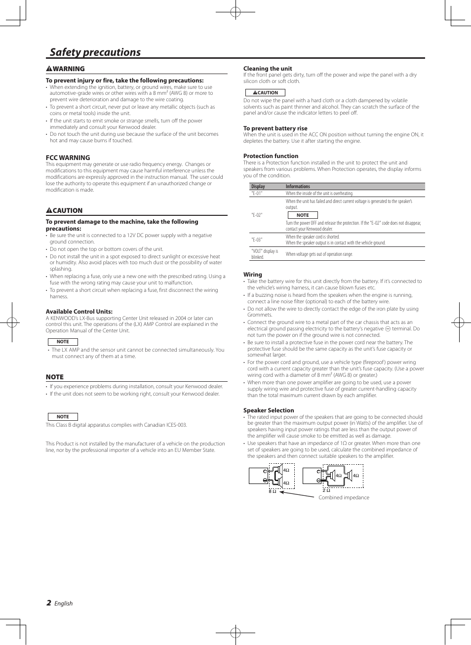 English, Safety precautions | Kenwood eXcelon KAC-X811D User Manual | Page 2 / 28
