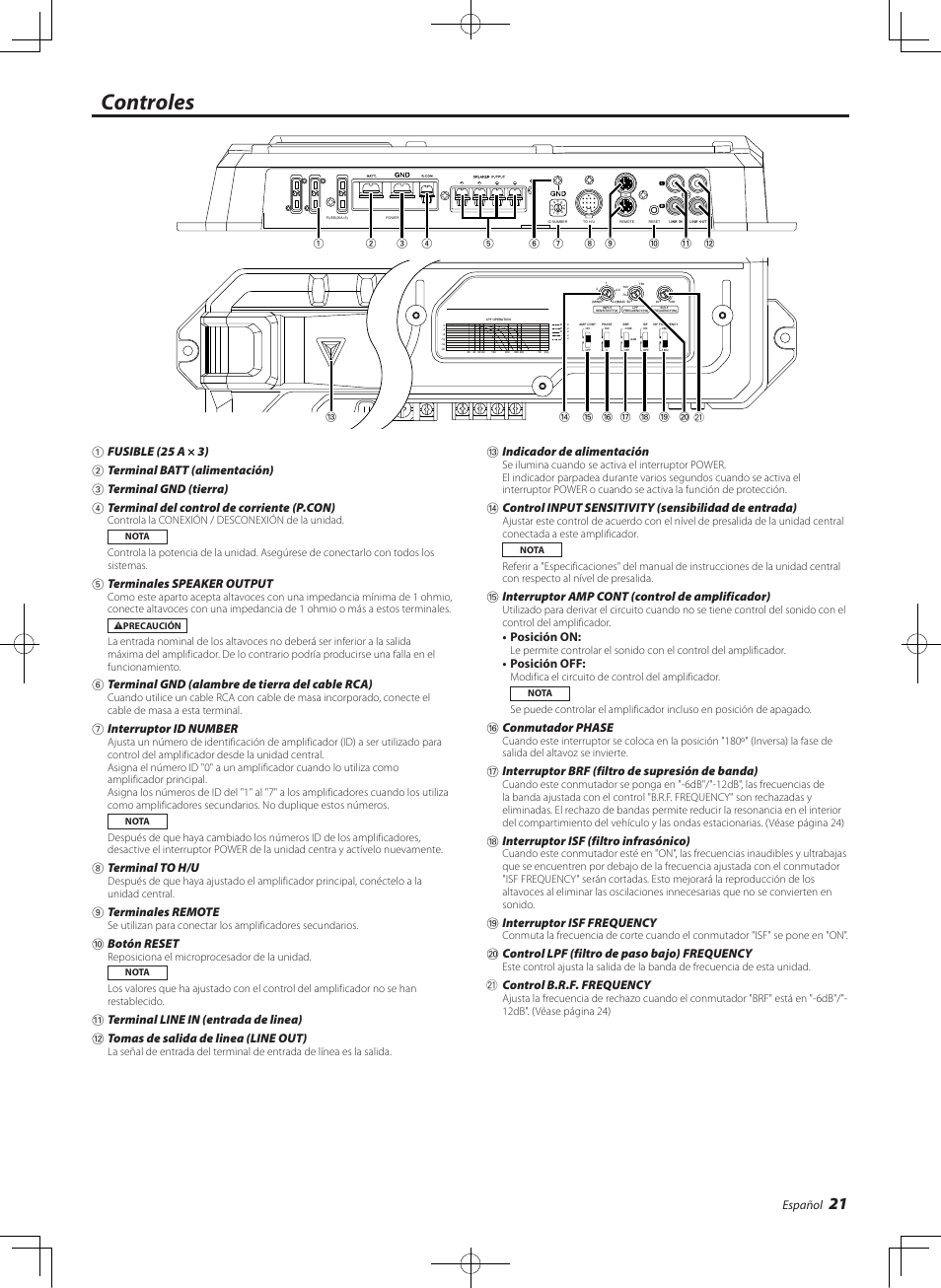 Controles, Español, 5terminales speaker output | 6terminal gnd (alambre de tierra del cable rca), 7interruptor id number, 8terminal to h/u, 9terminales remote, 0botón reset, Indicador de alimentación, Interruptor amp cont (control de amplificador) | Kenwood eXcelon KAC-X811D User Manual | Page 21 / 28